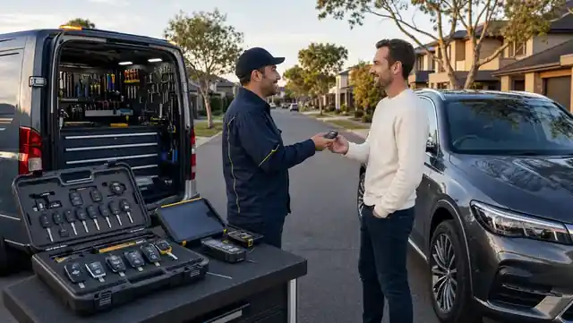 Ostan Locksmiths mobile automotive locksmith handing a replacement car key to a Dandenong driver
